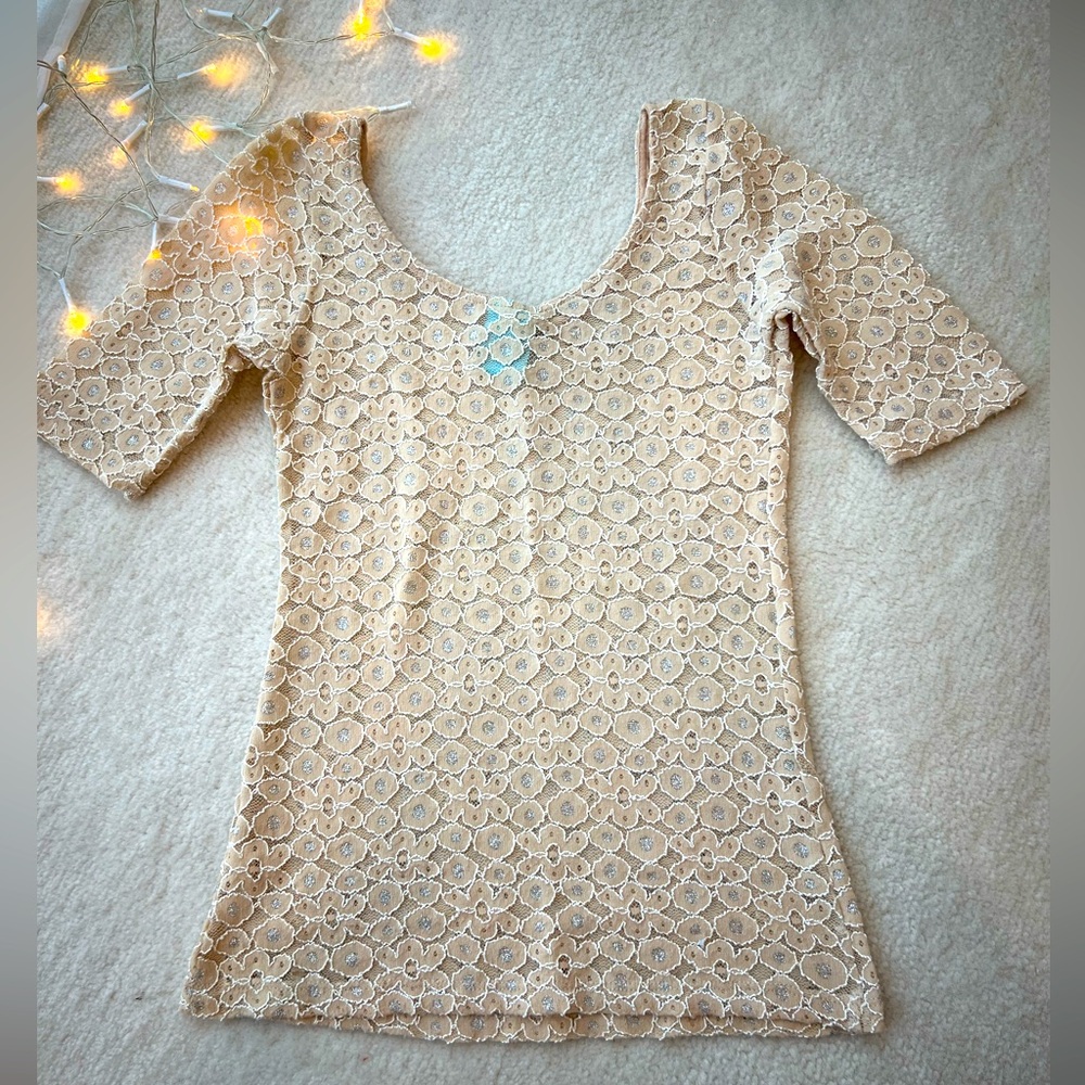 BNWT H.I.P. Cream Beige Sparkly See Through Top Blouse - Picture 1 of 4